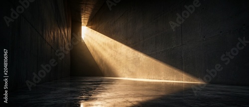 Dramatic Beam of Light in Dark Architectural Space Symbolizing Hope and Breakthrough