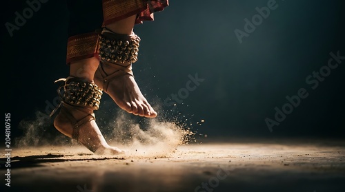 Close up of traditional dancer feet with bells kicking up dust