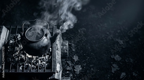 Boiling kettle with rising steam over a charcoal fire at night