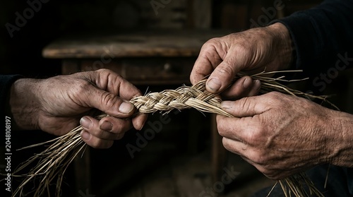 Close up of weathered hands braiding natural straw in a workshop