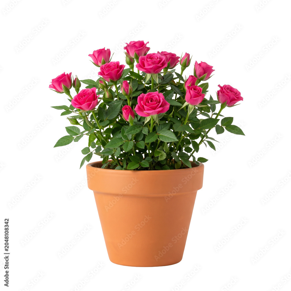 Fototapeta premium Potted Pink Miniature Roses Isolated on White Background - Fresh Blooms