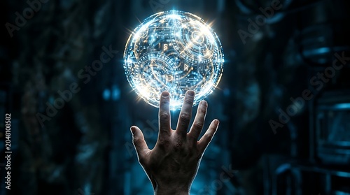 Futuristic digital hologram sphere hovering over a human hand