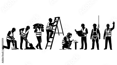 Construction workers in various work silhouettes.