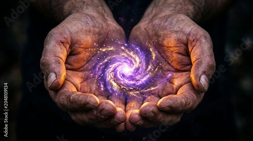 Weathered hands cupping a glowing spiral galaxy