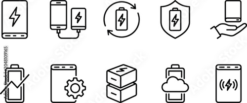 Mobile phone power bank and wireless battery charging technology line icon set