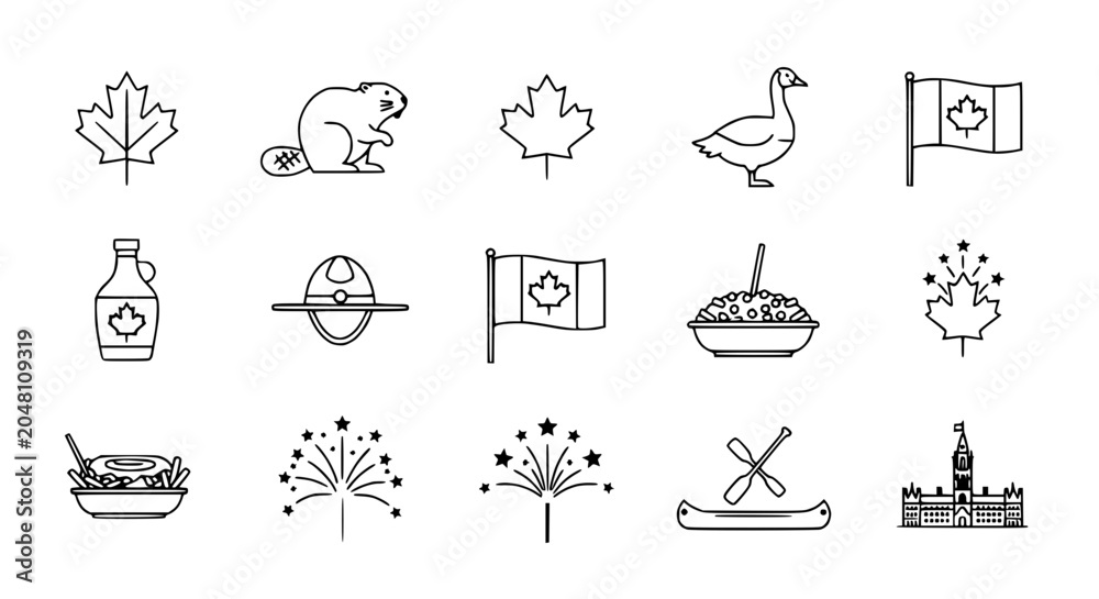 Obraz premium Canadian Icons Collection: Maple Leaf, Beaver, Flag, Poutine, Canoe, Parliament Building