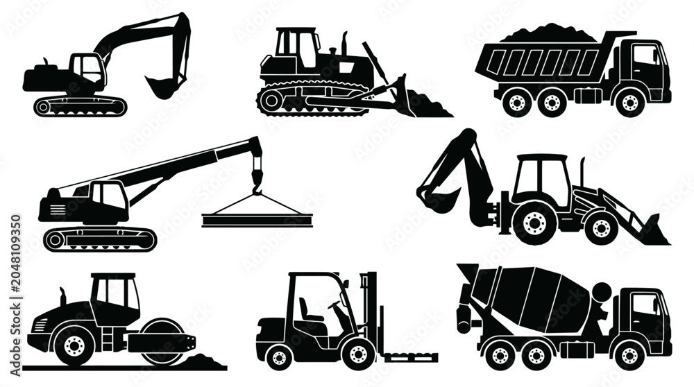 Obraz premium Collection of heavy construction machinery silhouettes.