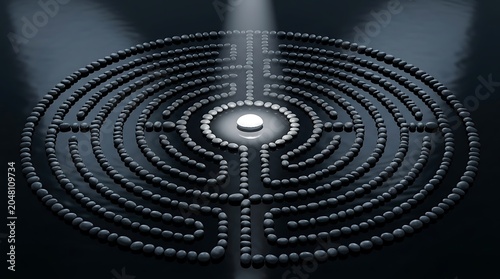 Circular stone labyrinth with a glowing light at the center