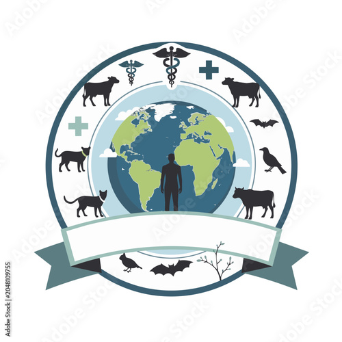 One Health concept emblem with human silhouette, animals, globe, and medical symbols