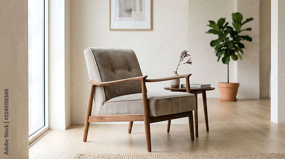 Fototapeta premium A stylish, mid-century modern armchair in neutral velvet fabric, positioned in a brightly lit, minimalist studio space