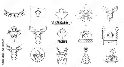 Foto Canada Day Icons: Maple Leaf, Flag, Fireworks, Moose, Hat, Garland, Pancakes