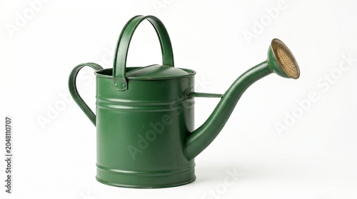 Green metal watering can isolated on pure white background gardening