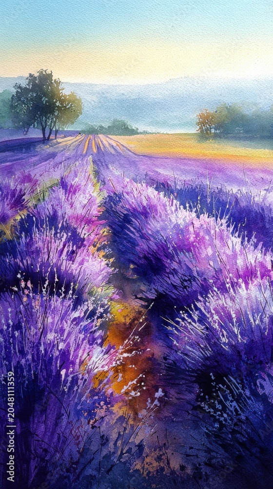 Obraz premium Vertical Serene watercolor painting of a Provence lavender field at golden hour sunrise. Impressionistic landscape illustration with vibrant purple flowers and a rustic path.