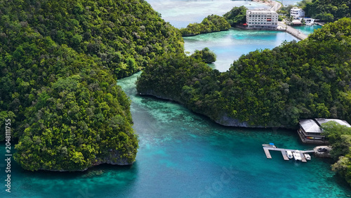 Fotografie Aerial View of Lush Tropical Rock Islands and Turquoise Lagoons in Palau