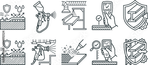Industrial Coating, Surface Treatment, Metal Protection and Quality Control Inspection Icons Set