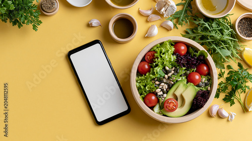 Minimal Food Delivery App Mockup with Salad Bowl and Blank Phone Screen