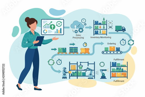 Business Woman Monitoring Inventory and Sales Statistics Dashboard