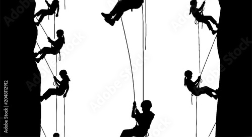 Silhouettes of Rock Climbers and Rappellers in Action Sequence.