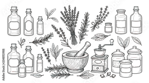 Cuadro en lienzo Vintage apothecary herb and bottle collection, hand drawn botanical sketches of