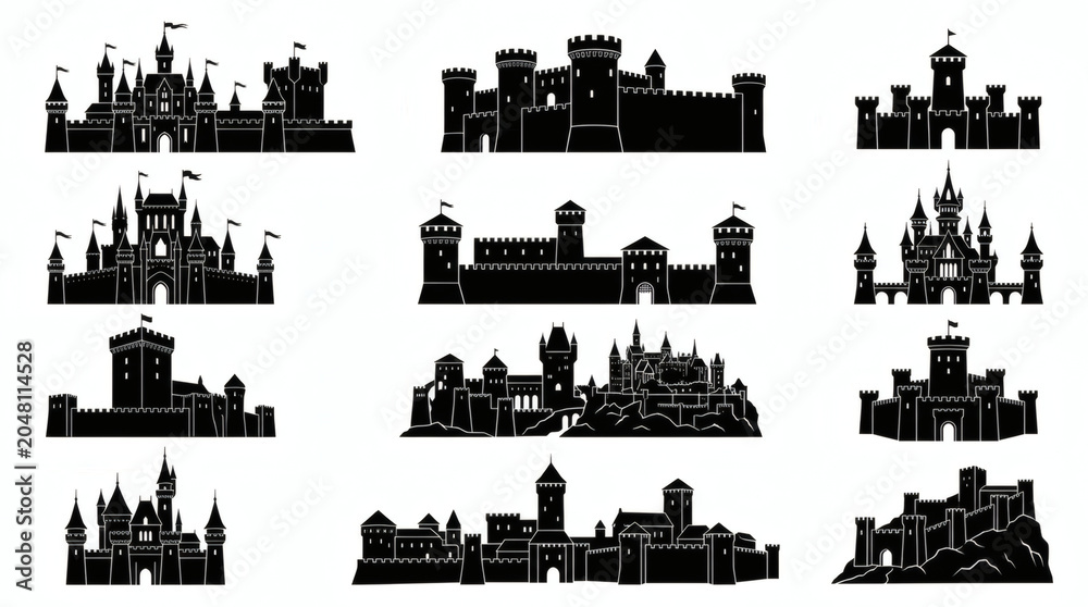 Obraz premium Set Of Medieval Castle Silhouettes For Fantasy Graphic Design