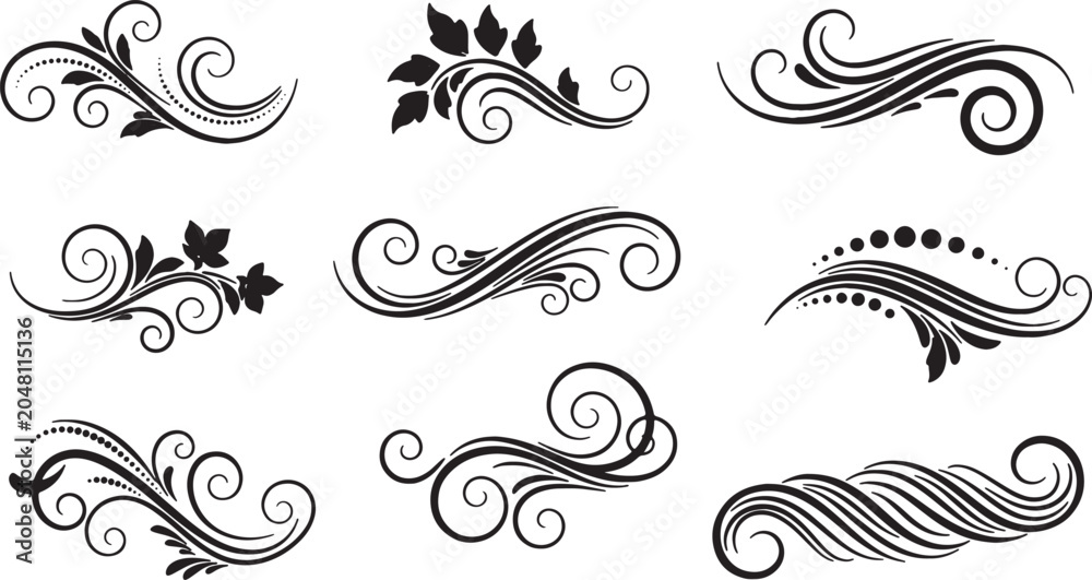 Fototapeta premium Collection of nine black silhouette decorative flourishes and floral ornaments featuring elegant swirls, curved lines, and leaf motifs isolated on a plain white background.