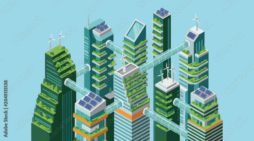 Obraz premium Sustainable urban planning with green skyscrapers.