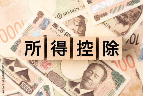 「所得控除」と書かれたブロックとたくさんの一万円札