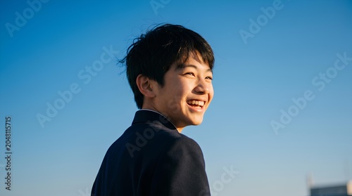 青空の下で爽やかに笑顔を見せる学ランの男子学生