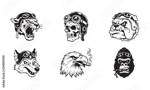 Biker mascot heads set with animals and skull wearing vintage motorcycle helmets and goggles on transparent.
