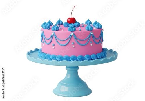 Colorful pixel art cake with cherry on top and cupcake stand