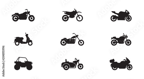 Billede på lærred Motorcycle silhouette icons set including cruiser dirt bike sport bike scooter and atv on transparent grid