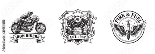 Bild auf Leinwand Retro motorcycle emblems: cafe racer, V-twin engine, and winged spark plug with fire and fuel text