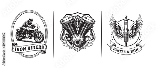Bild auf Leinwand Vintage motorcycle emblems with cafe racer, V-twin engine, and winged spark plug designs