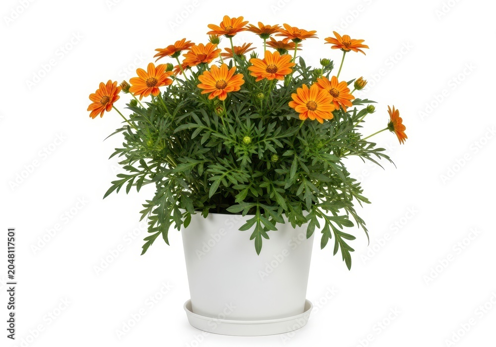 Fototapeta premium Bright orange marigold flowers in a white pot with green leaves