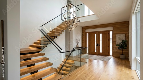 Modern luxury home interior with floating wooden staircase and glass railing.,