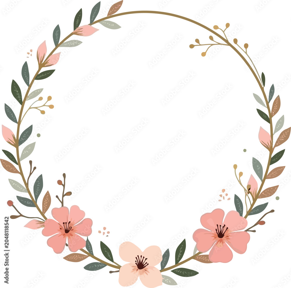 Fototapeta premium Elegant pastel floral wreath frame with pink flowers and green leaves arrangement.
