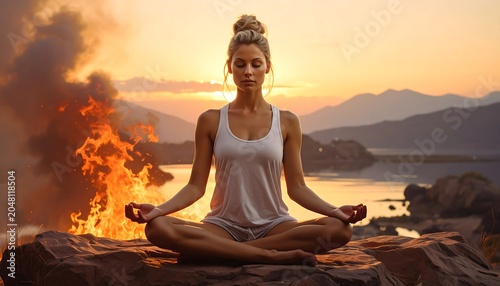 A woman in a white top meditates with hands in mudra, eyes closed, against a fiery sunset and mountain range