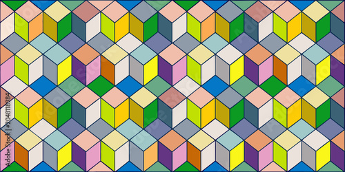 Geometric cube pattern with multicolored blocks and linear outlines