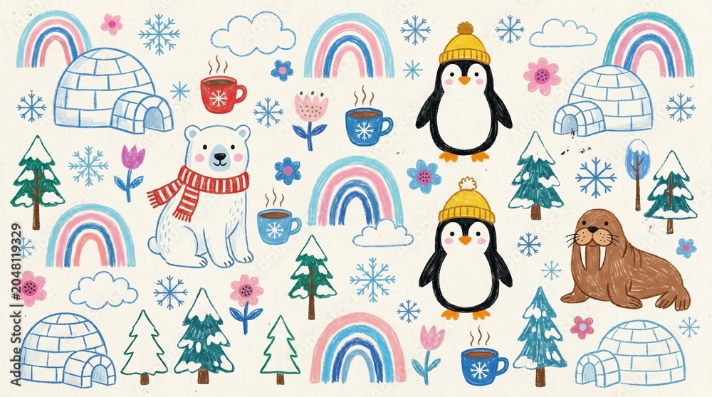 Obraz premium Polar bear and penguins enjoy a cozy winter landscape filled with colorful rainbows, snow-covered igloos, evergreen trees, and steaming hot drinks.