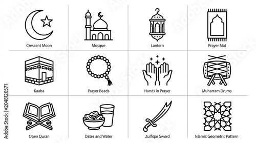 Muharram minimalist line icon pack for islamic symbols
