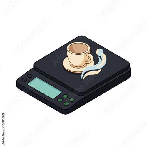 Isometric vector illustration of a digital coffee scale with a hot espresso cup on top. EPS Editable