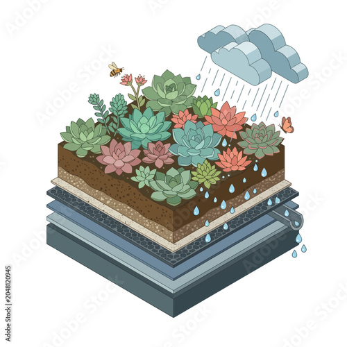 Isometric vector illustration of a green roof system with succulents and drainage layers under rain. EPS Editable