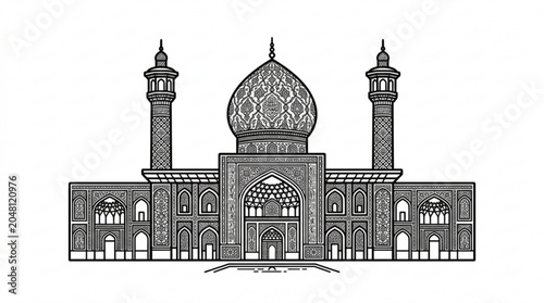 Intricate mosque facade with minarets