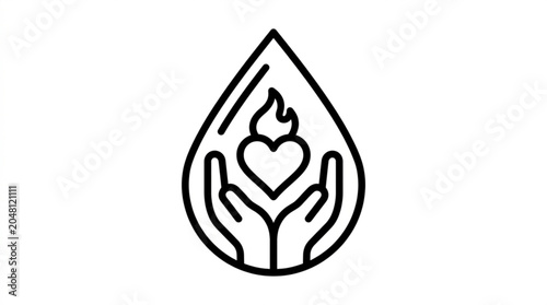 Compassion symbol with hands holding heart flame in water drop
