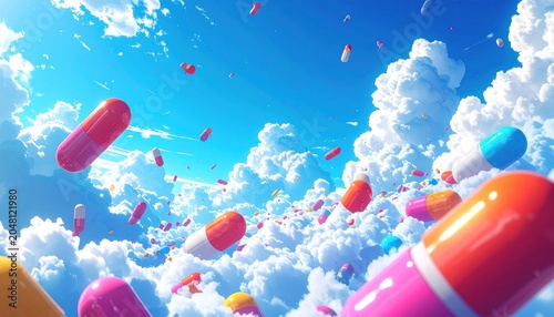 Vibrant, colorful capsules float amidst fluffy clouds in a bright blue sky
