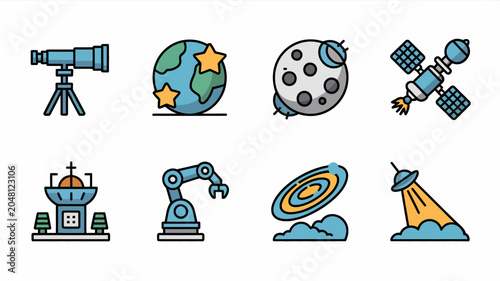 Foto Colorful illustrations of space and technology icons.