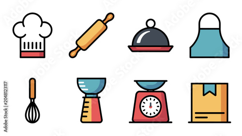 Fotografie Colorful kitchen utensils and chef accessories.