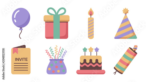 Colorful birthday party celebration icons set.