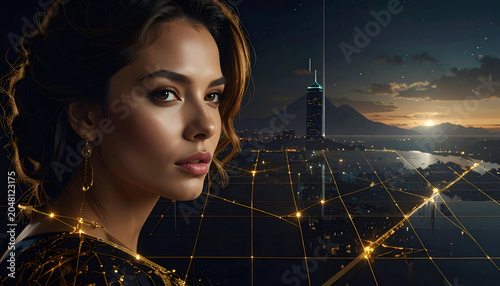 Elegant woman gazes away, city lights glow behind her, against a twilight sky