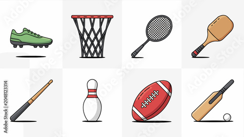 Photos Collection of various sports equipment icons.